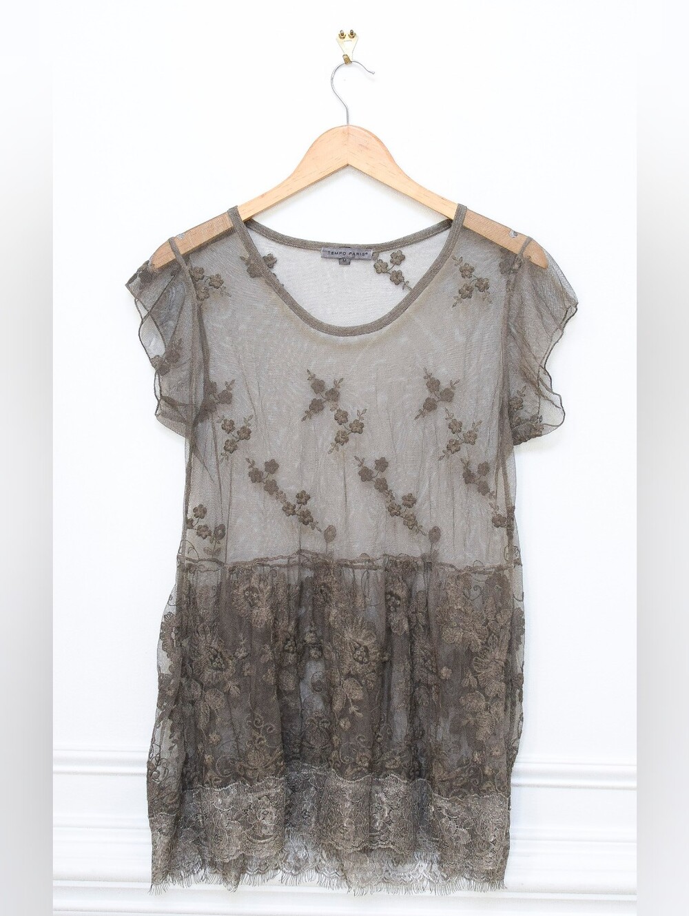 Y2K Sheer Lace Embroidered Babydoll Dress Brown Mesh Size M Forest Fairy Grunge